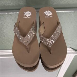 Yellow Box Taupe Rhinestone Wedge Flip Flops